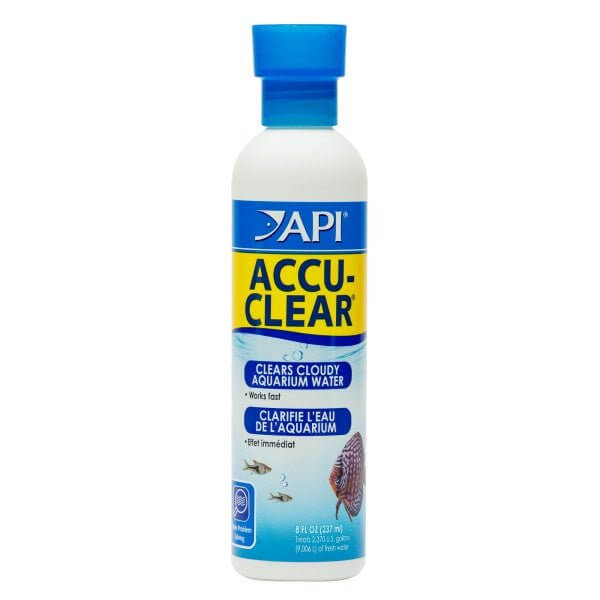 API Accu Clear Water Clarifier bottle, efficiently clearing cloudy aquarium water for crystal clear results.