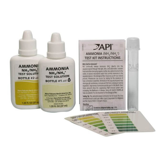 API Ammonia Test Kit components including test solutions, instructions, and color chart for fresh and saltwater aquariums.