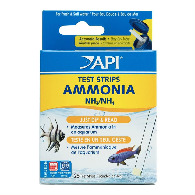 API Ammonia Test Strips package showing 25 count for quick ammonia testing in aquariums, ensuring fish safety.