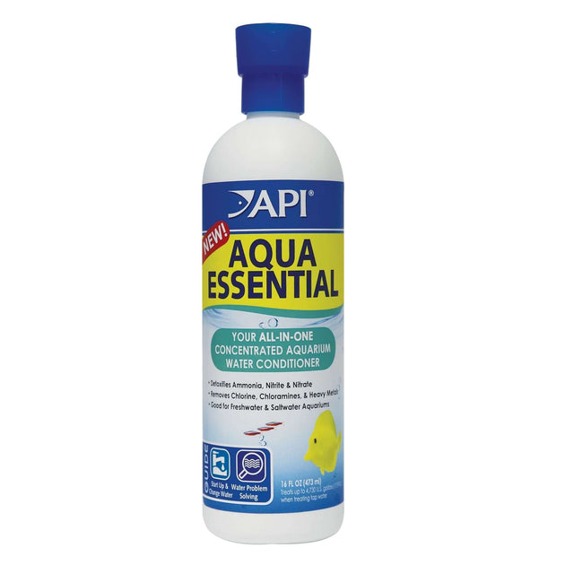 API Aqua Essential All-in-One Water Conditioner bottle, removes toxins and detoxifies heavy metals for safe aquariums.