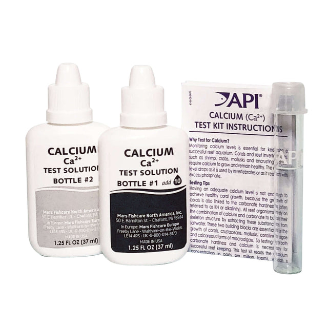 API Calcium Test Kit includes two test solutions, instruction card, and testing vial for aquarium calcium measurement.