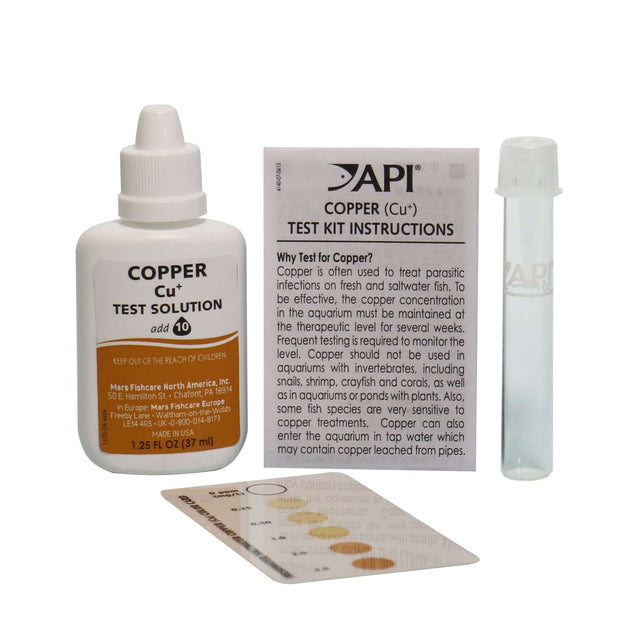 API Copper Cu Test Kit for monitoring copper levels in fresh and saltwater aquariums and ponds.