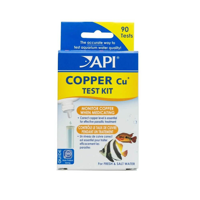 API Copper Cu Test Kit packaging for freshwater and saltwater aquarium monitoring, ensuring fish health.