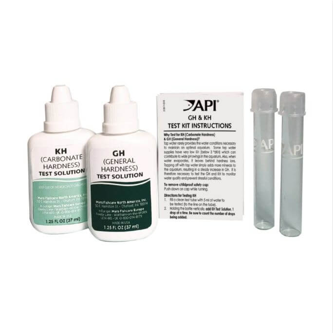 API GH and KH Test Kit for freshwater aquariums, including test solutions, instructions, and glass test tubes.