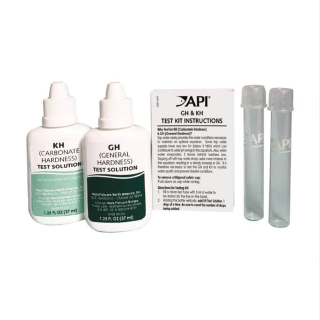 API GH and KH Test Kit for freshwater aquariums, including test solutions, instructions, and glass test tubes.