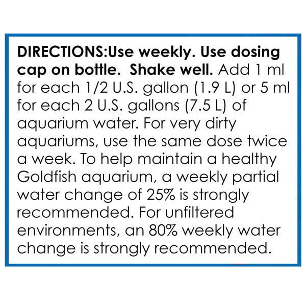 Directions for API Goldfish Aquarium Cleaner, including weekly usage and dosage recommendations for optimal tank maintenance.