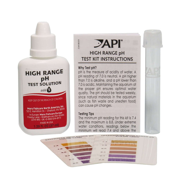 API High Range pH Test Kit including test solution, test tube, and instructional guide for freshwater and saltwater aquariums.