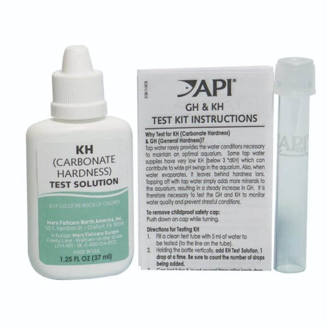 API KH Test Kit for freshwater and saltwater with solution bottle and instruction sheet for testing carbonate hardness.