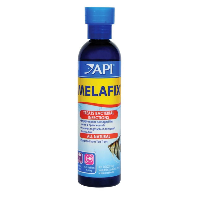 API Melafix all-natural antibacterial treatment for fish infections and damaged fins, 8 fl oz bottle.