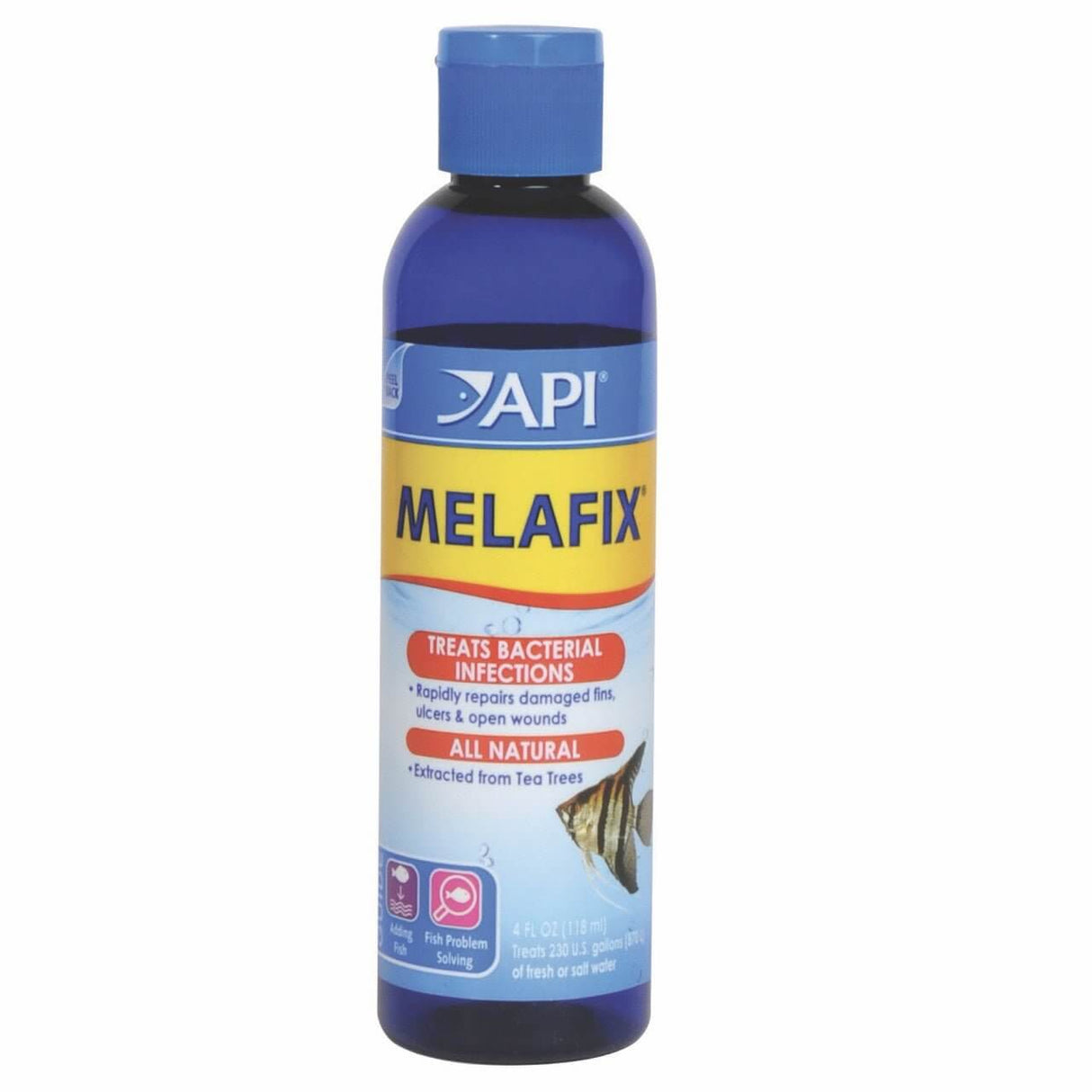 API Melafix All-Natural Antibacterial treatment bottle for fish infections, promotes fin regrowth and heals wounds.