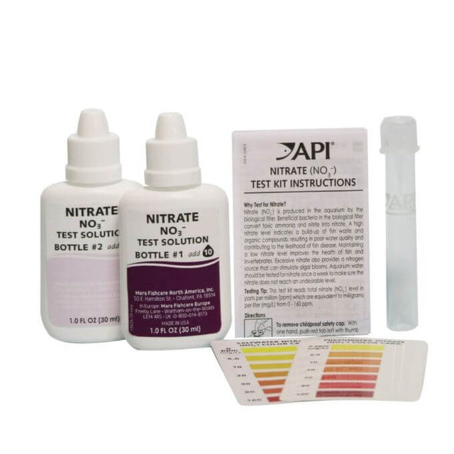 API Nitrate Test Kit for Fresh and Saltwater with solutions, test tube, and instructions for measuring nitrate levels.