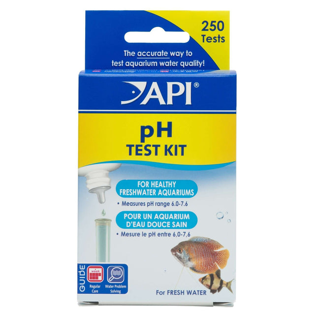 API pH Test Kit for freshwater, measures pH 6.0-7.6, includes 250 tests for maintaining aquarium water quality.