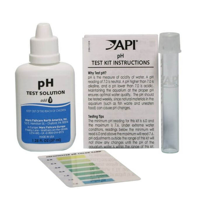 API pH test kit solution, testing instructions, and pH color chart for freshwater aquariums in low range 6.0 - 7.6.