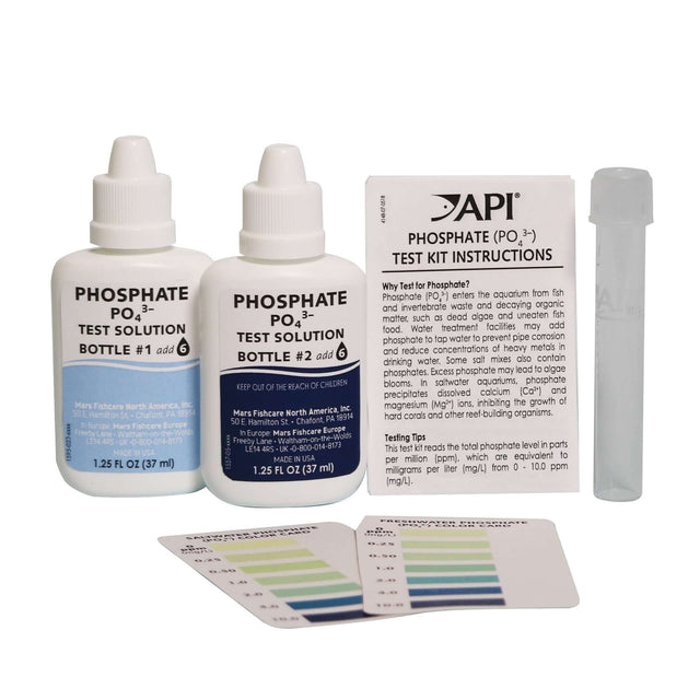 API Phosphate Test Kit for aquariums, including test solutions, instructions, and color chart for measuring phosphate levels.