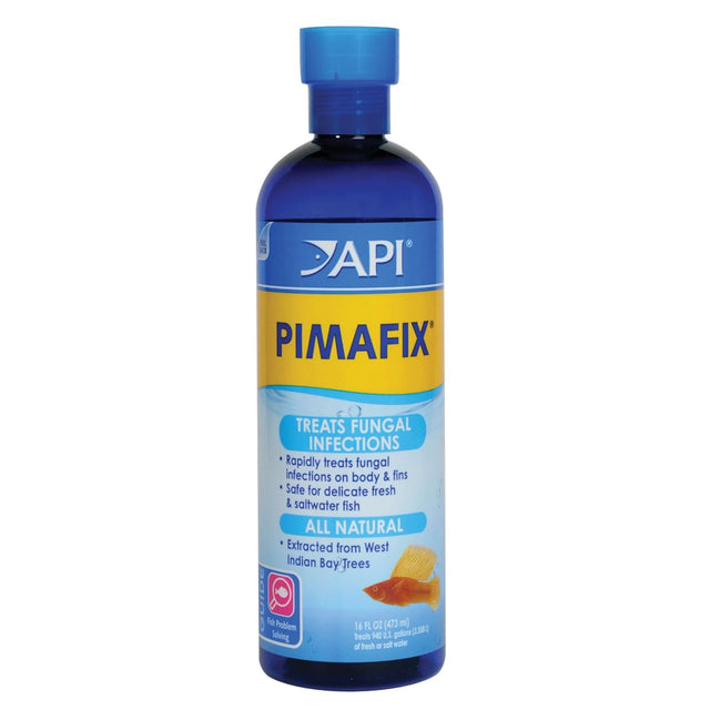API Pimafix Anti Fungal remedy bottle for treating fungal infections in fish, safe for freshwater and saltwater use.