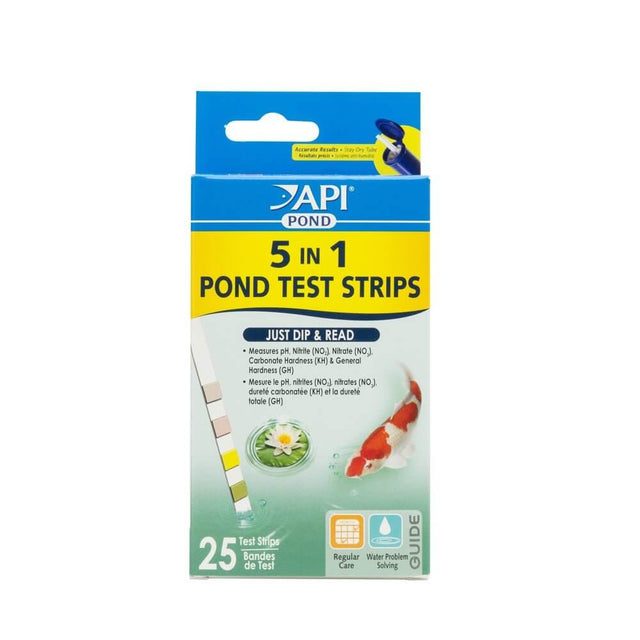 API Pond 5 in 1 Test Strips packaging for accurate water testing - pH, NO2, NO3, KH, GH - 25 test strips included.