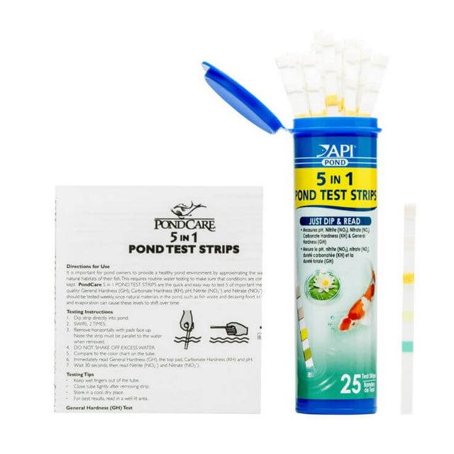 API Pond 5 in 1 test strips packaging with testing instructions and strips for pH, Nitrite, Nitrate, KH, and GH.