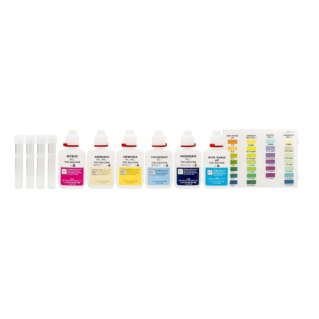 API Pond Master Test Kit includes test reagents, test tubes, and color cards for accurate pond water testing.