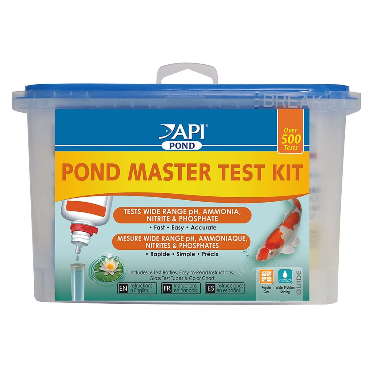 API Pond Master Test Kit for accurate water testing of pH, ammonia, nitrite, and phosphate, includes 6 reagents and instructions.