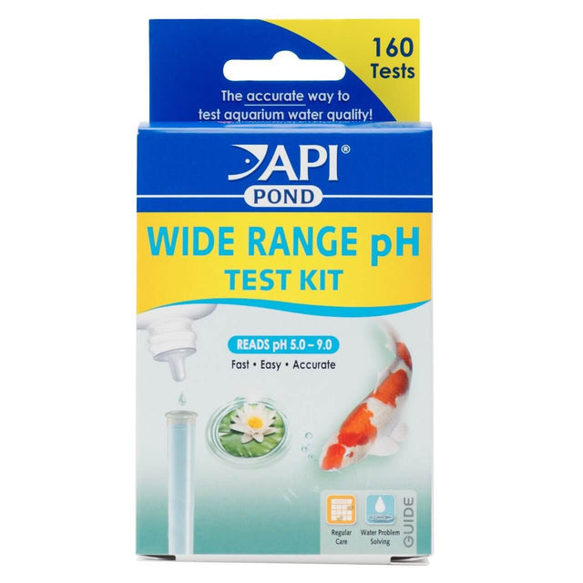 API Wide Range pH Test Kit for ponds, measuring pH 5.0-9.0, includes 160 tests for accurate water quality assessment.