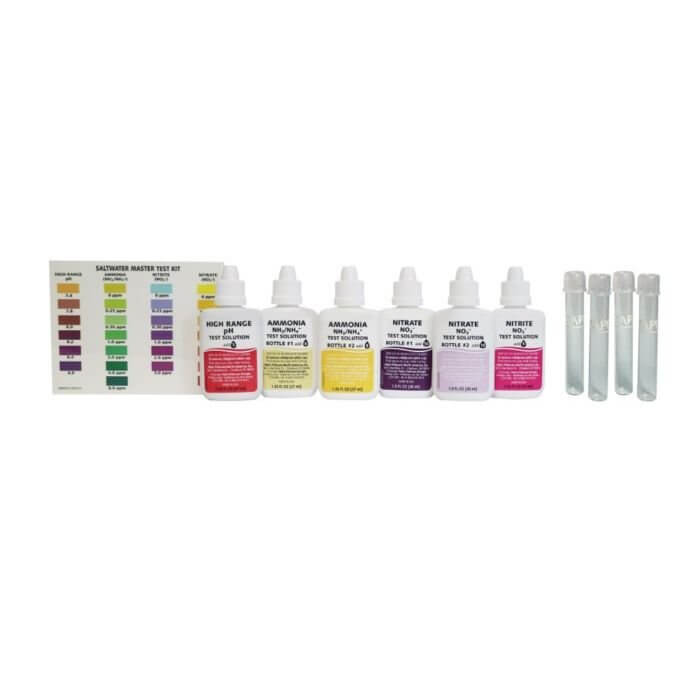 API Saltwater Master Test Kit with test reagents and glass test tubes for measuring pH, ammonia, nitrite, and nitrate levels.