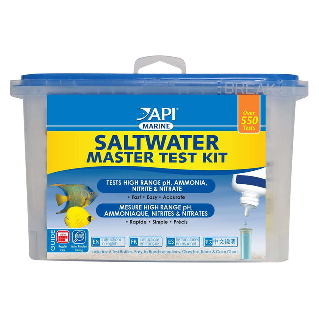 API Saltwater Master Test Kit for aquarium testing of pH, ammonia, nitrite, and nitrate, includes 4 glass test tubes.
