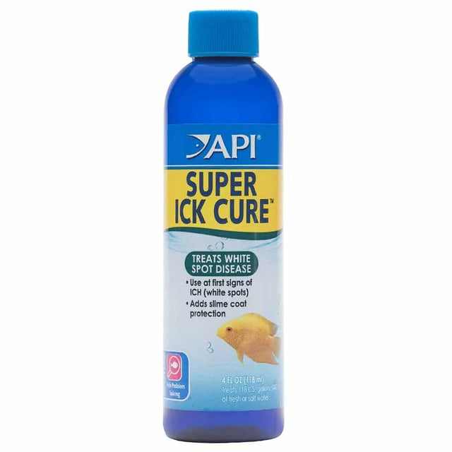 API Super Ick Cure bottle for treating white spot disease in fish, enhances slime coat protection, 4 fl oz.