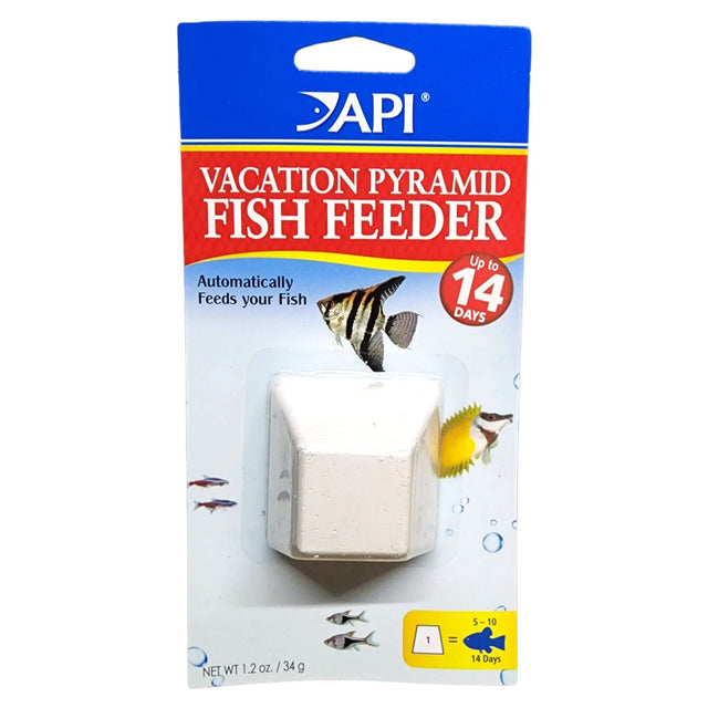 API Pyramid Vacation Fish Feeder with packaging, designed for automatic fish feeding for up to 14 days.