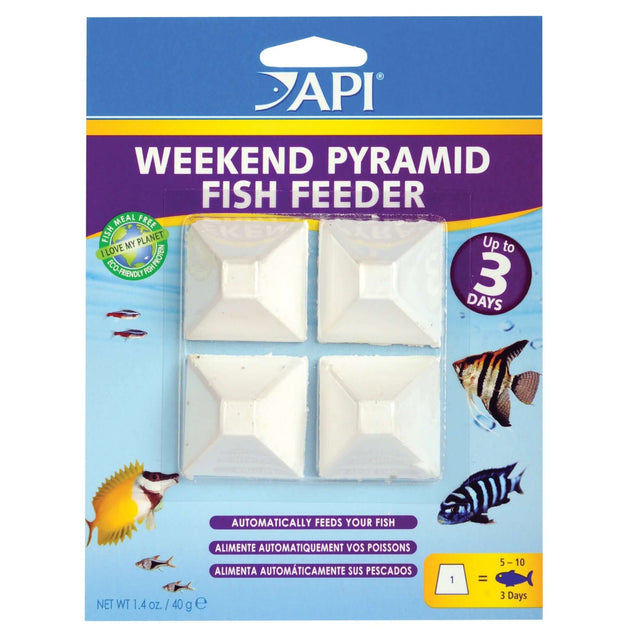 API Weekend Pyramid Fish Feeder 4-pack, automatic feeder for fish, provides meals for up to 3 days.