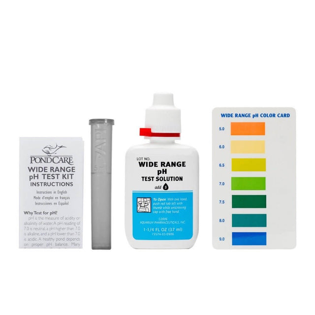 API Wide Range pH Test Kit components including instructions, test solution bottle, and color card for pH measurement.