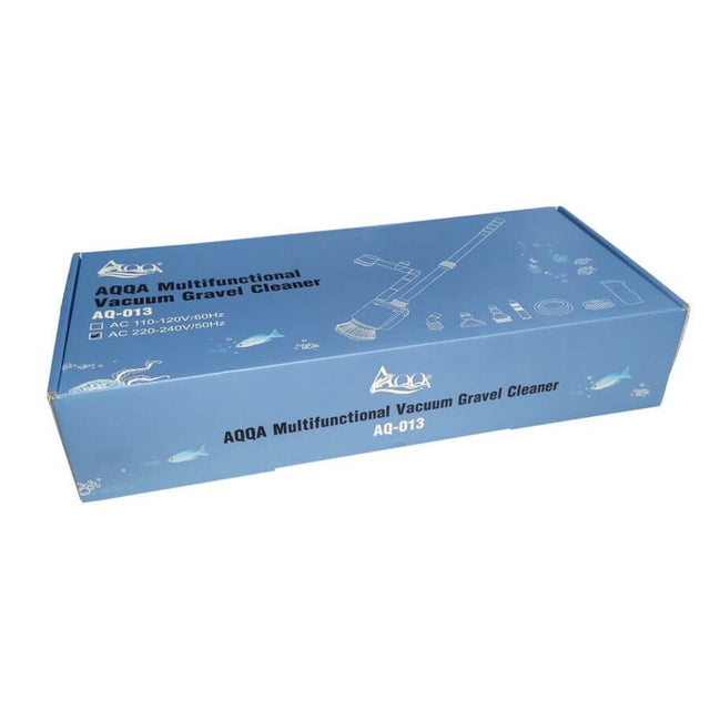 AQXX Multifunctional Vacuum Gravel Cleaner packaging showing product name and features for aquarium maintenance.