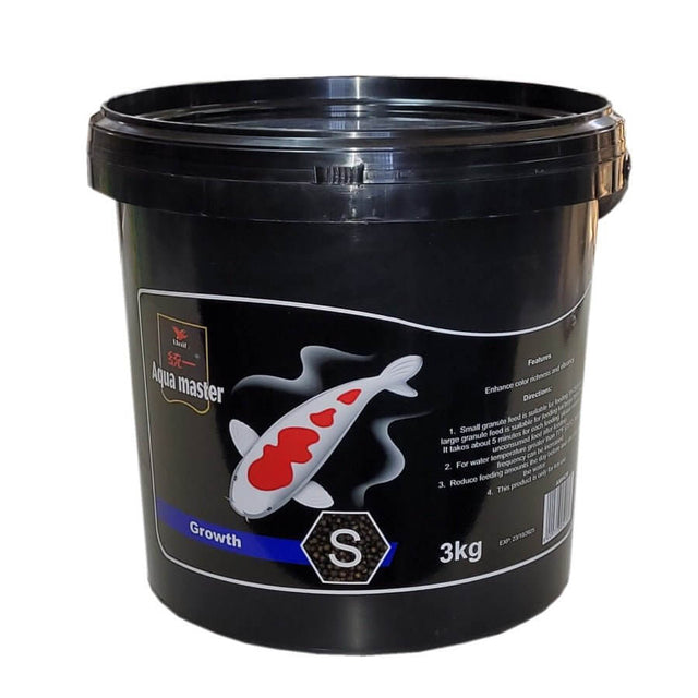 Aqua Master Koi Food Growth 3kg bucket for enhanced Koi growth and beauty formulation, nutrient-rich for healthy fish.
