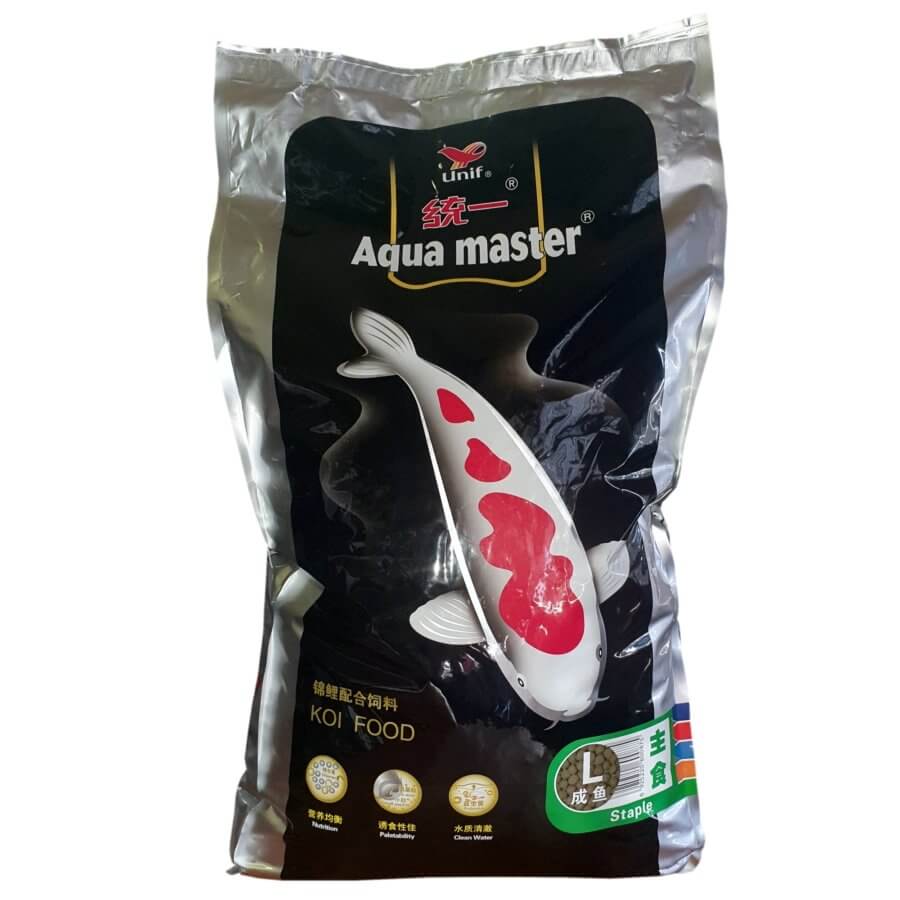 Aqua Master Koi Food Staple packaging featuring a Koi fish design for balanced nutrition and healthy growth.