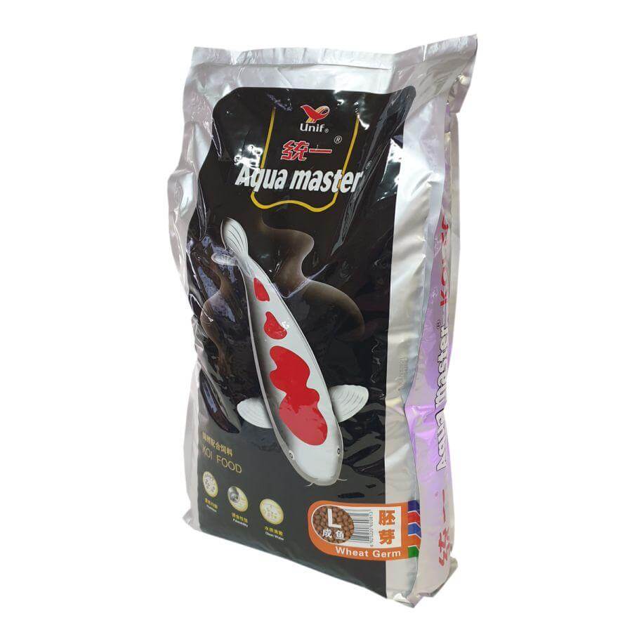 Aqua Master Koi Food with Wheat Germ for enhanced digestion and Shiroji whitening in a resealable bag.