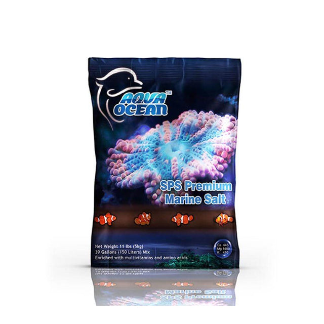 Aqua Ocean Premium SPS Marine Salt 5kg packaging, enriched with multivitamins and amino acids for vibrant marine aquariums.