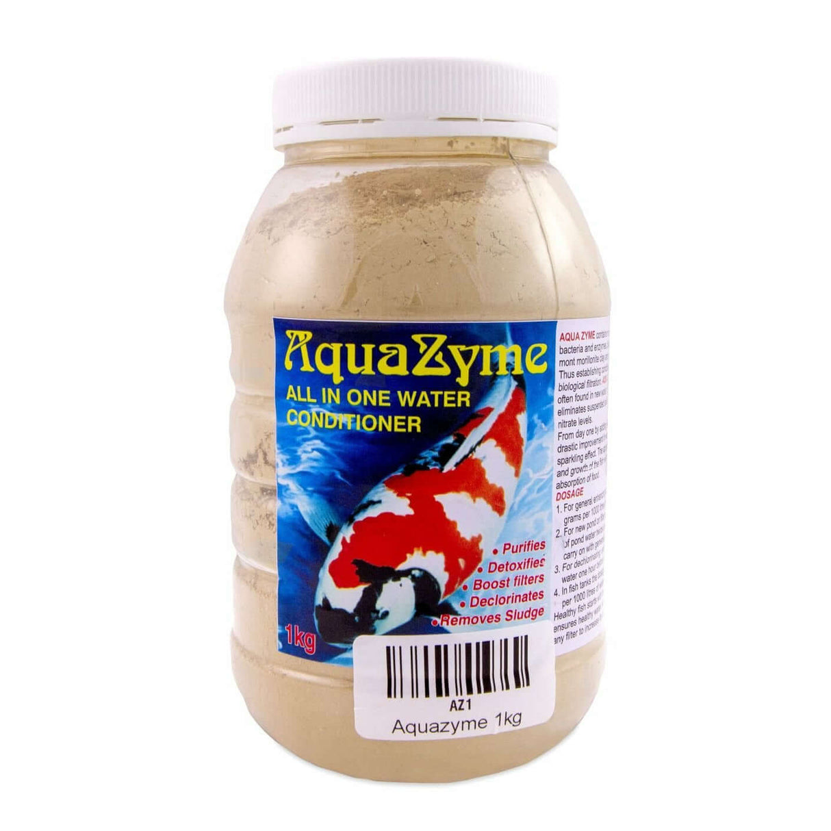 Aqua Zyme All in One Pond Water Conditioner jar, purifies and detoxifies pond water for healthy fish. 1kg packaging.