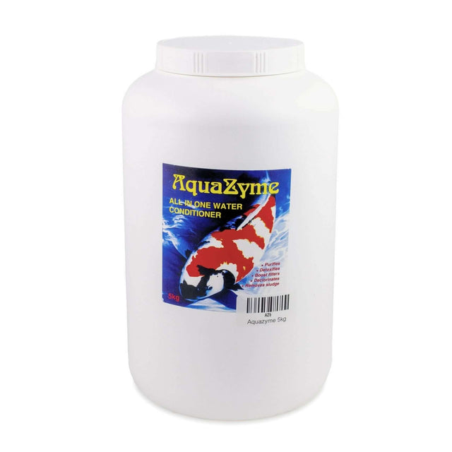 Aqua Zyme All-in-One Pond Water Conditioner packaging with koi fish graphic, 5kg size for healthy pond water.