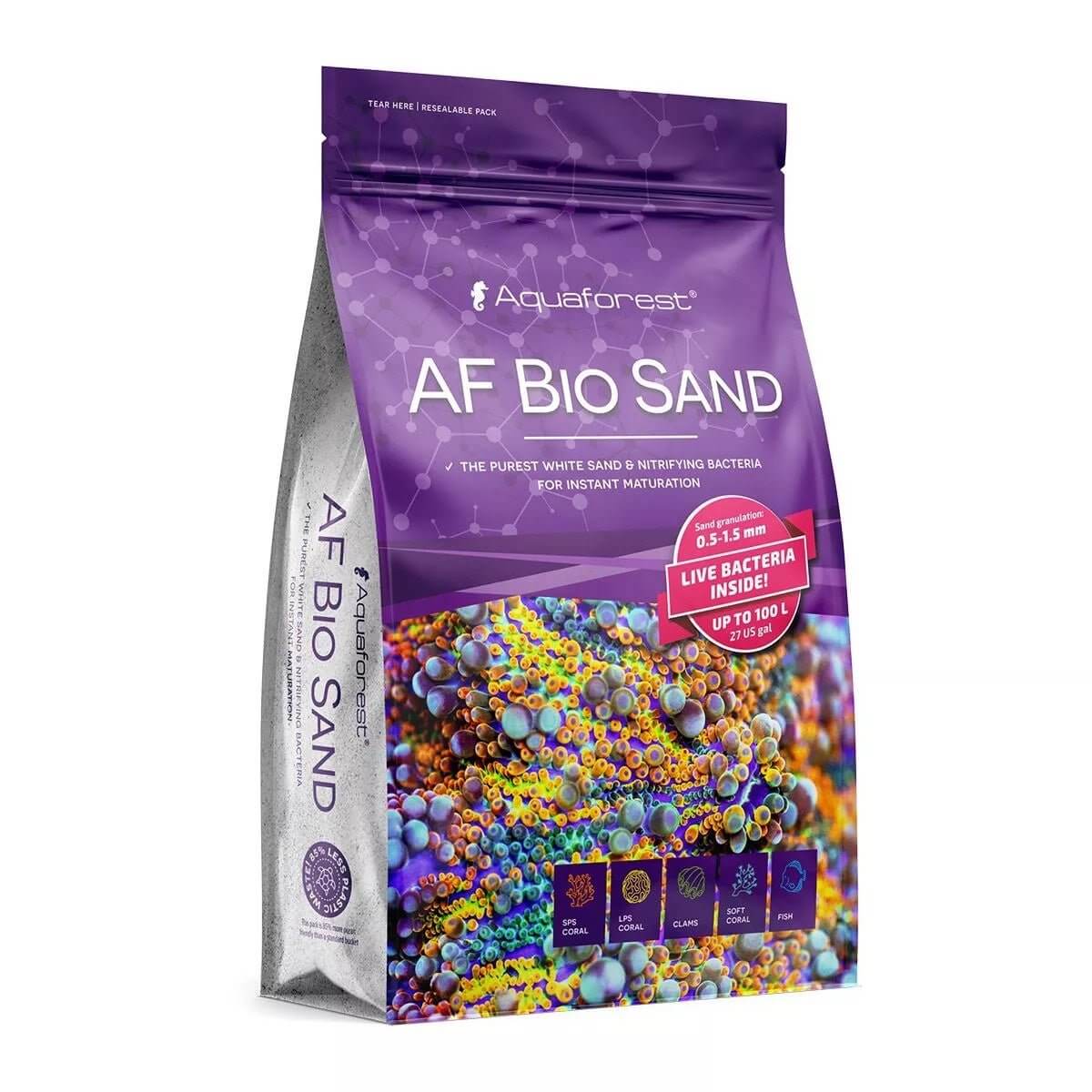 Aquaforest AF Bio Sand 7.5kg packaging showcasing natural white sand for saltwater aquariums with live bacteria for instant maturation.
