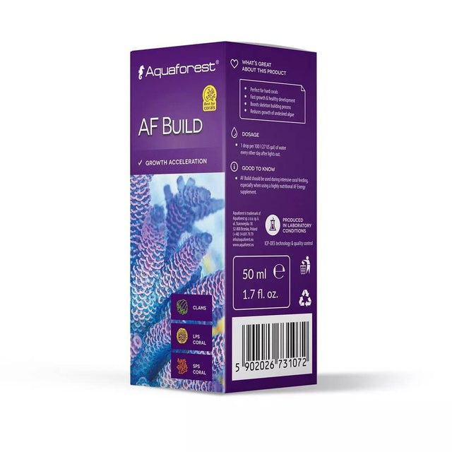 Aquaforest AF Build Coral Growth Enhancement 50ml packaging, promoting coral growth and optimal water quality.