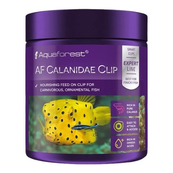 Aquaforest AF Calanidae Clip 100g container for ornamental fish, featuring easy-attach feeding method and rich nutrient profile.