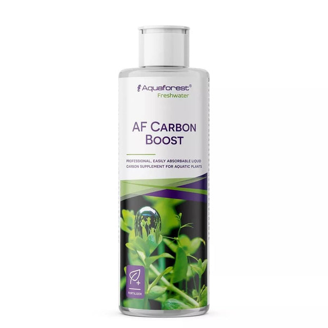 Aquaforest AF Carbon Boost 250ml liquid carbon supplement for aquatic plants in a clear bottle with green leaves background.