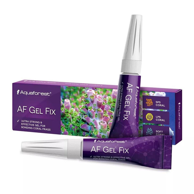 Aquaforest AF Gel Fix packaging and tube, ultra strong gel for bonding coral frags, toxin free and reef safe.