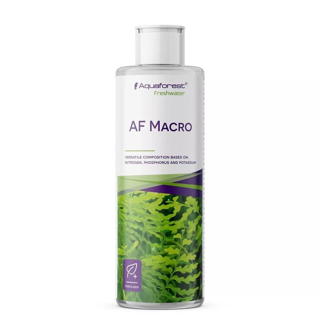 Aquaforest AF Macro 250ml fertilizer bottle for aquatic plant growth enriched with nitrogen, phosphorus, and potassium.