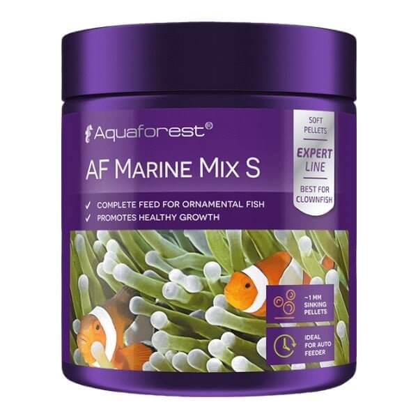 Aquaforest AF Marine Mix S fish food jar for ornamental fish, promoting healthy growth with soft sinking pellets.