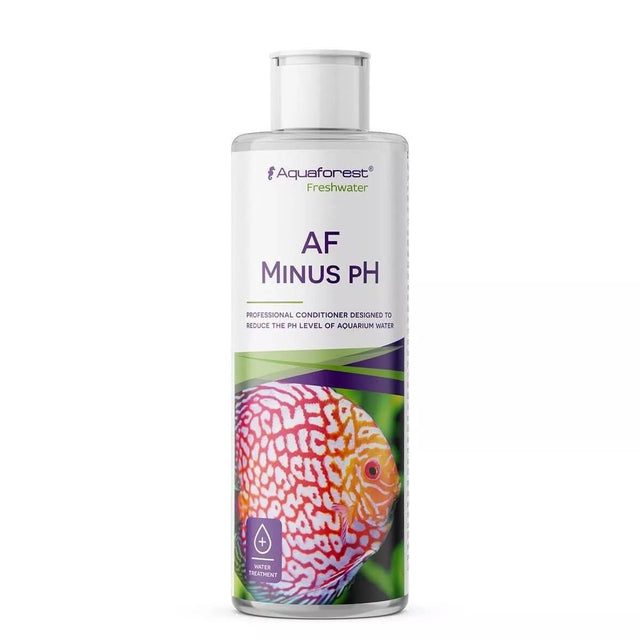 Aquaforest AF Minus pH 200ml bottle for reducing pH levels in freshwater aquariums, featuring vibrant fish imagery.