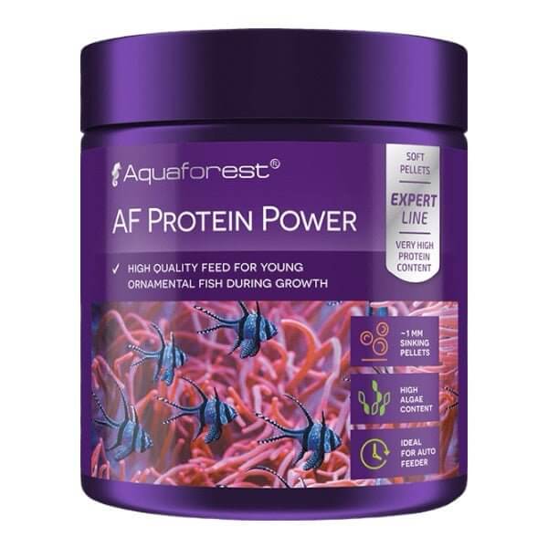Aquaforest AF Protein Power 120g, high-quality feed for young ornamental fish, soft sinking pellets, enriched with natural ingredients.