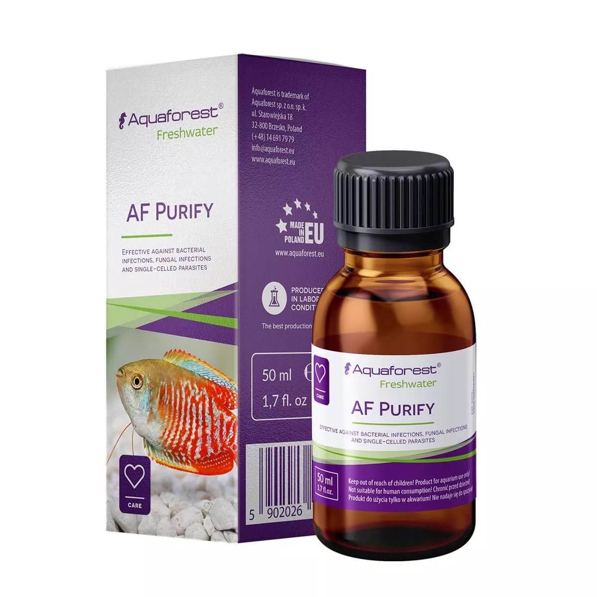 Aquaforest AF Purify 50ml bottle and packaging for boosting fish immune system in freshwater aquariums.