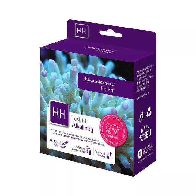 Aquaforest Alkalinity KH Test Pro Kit packaging for accurate carbonates measurement in saltwater aquariums.
