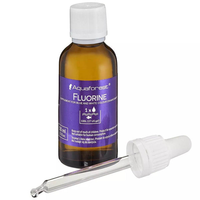 Aquaforest Fluorine bottle with dropper, a coral supplement for enhancing blue and white colors in aquariums.