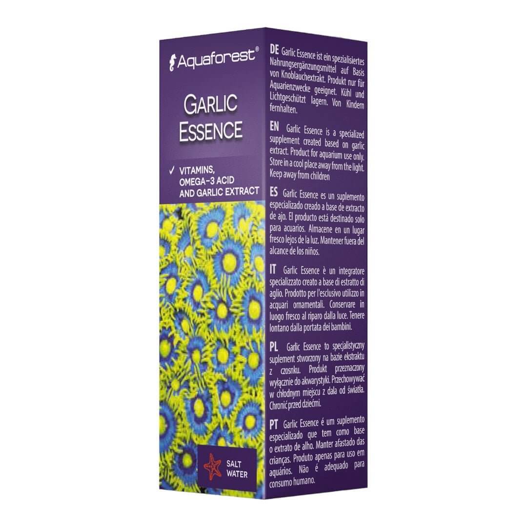 Aquaforest Garlic Essence product packaging highlighting garlic extract benefits for immune health and vitality.
